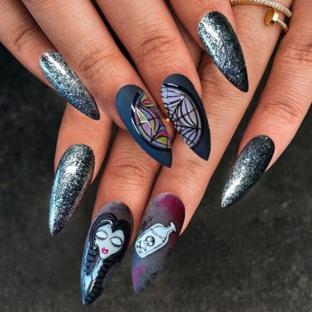 Y2K 24 Almond Corpse Bride Gothic Valentine Black Sparkle Web Matte Nails